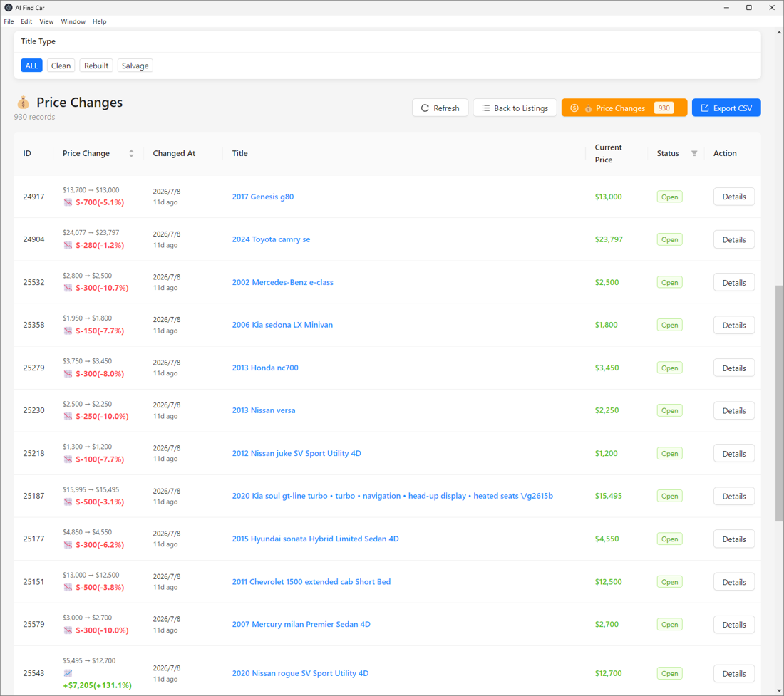 AI Find Car Track price and status interface
